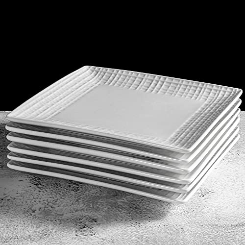 Square Dinner Plates, Set of 6, 6 Inch White Ceramic, Embossed Crisscross, Safe for Dishwasher, Microwave and Oven - color: 6 inch-White- Crisscross-6pcs