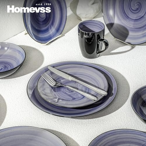 HomeVss, Sonoma Stoneware 16pc Dinnerware Set, Outside Black + Inside Hand Painting Color Cobalt - color: Cobalt