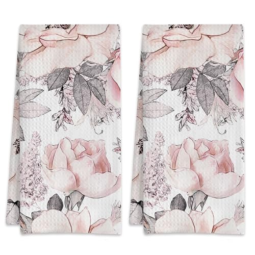 Pink Flowers and Leaves Watercolor Floral Hand Towels for Bathroom Set of 2,Absorbent Waffle Weave Kitchen Towels,Decorative Modern Bathroom Towel for Bath,Guest,Shower 16 X 24 Inch - color: Pink Flowers and Leaves