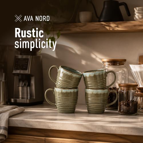 Ava Nord Reactive Glaze Stoneware Ceramic Coffee Mugs 4 Pack - 14oz - Green | Lead-Free, Non-Toxic, Handcrafted, Coffee Mug Set for Tea Latte Cappuccino Cocoa Hot Chocolate, Microwave & Dishwasher Safe - color: Reactive Glaze - Green