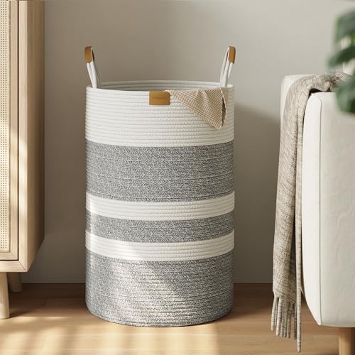 Nunsino 75L Striped Laundry Hamper with Leather Handles,Large Foldable Laundry Basket for Clothes,Cotton Rope Storage Bin for Blankets,Woven Clothes Basket for Bedroom,Gray Stripes - color: Grey&White, size: 75L/19.8Gal