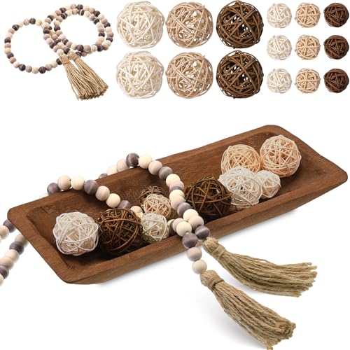 Teenyyou 17 Pcs Wooden Centerpiece Table Decorations Wood Dough Bowl Wicker Rattan Balls Beads String with Tassel Natural Decorative Tray Rustic Bowl Filler for Dining Room Kitchen(Brown) - color: Brown