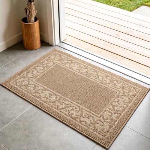 Dirt Trapper Door Mat 24" x 36" – Non-Slip Entryway Rug, Absorbent Indoor Front Door Mat, Low Profile Dirt Resistant Entrance Mat for Muddy Shoes and Dirty Paws, Ideal for Entryway & Kitchen Beige - color: Border Beige, size: 2' x 3' (Rectangular)