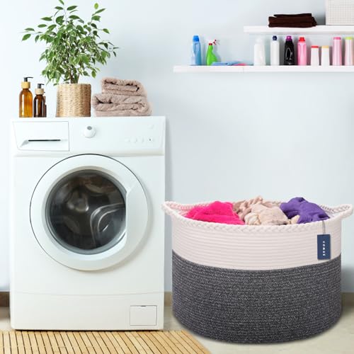 COMSE XXXLarge Woven Blanket & Laundry Basket, 87L, White & Black | 21.7" x 13.8", Cotton Rope, Nursery Hamper for Storage of Toys Clothes Towels, Ideal for Living Room Bedroom Bathroom - color: White & Black