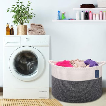 COMSE XXXLarge Woven Blanket & Laundry Basket, 87L, White & Black | 21.7" x 13.8", Cotton Rope, Nursery Hamper for Storage of Toys Clothes Towels, Ideal for Living Room Bedroom Bathroom - color: White & Black