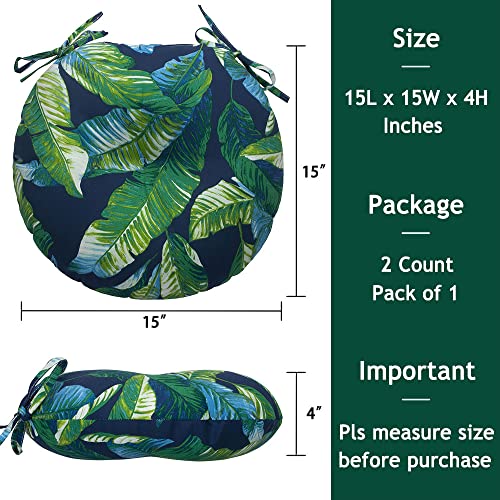 Magpie Fabrics 15" Round Bistro Seat Cushions with Ties, Set of 2, Waterproof All Weather Tufted 4" Thick Patio Chair Pads for Home Garden Dining Metal Stool - Green Lagoon Leaves - color: A Green Lagoon Leaves
