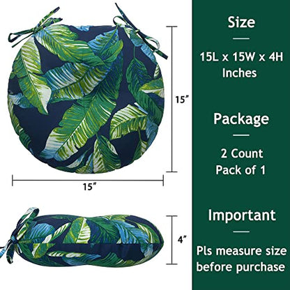 Magpie Fabrics 15" Round Bistro Seat Cushions with Ties, Set of 2, Waterproof All Weather Tufted 4" Thick Patio Chair Pads for Home Garden Dining Metal Stool - Green Lagoon Leaves - color: A Green Lagoon Leaves