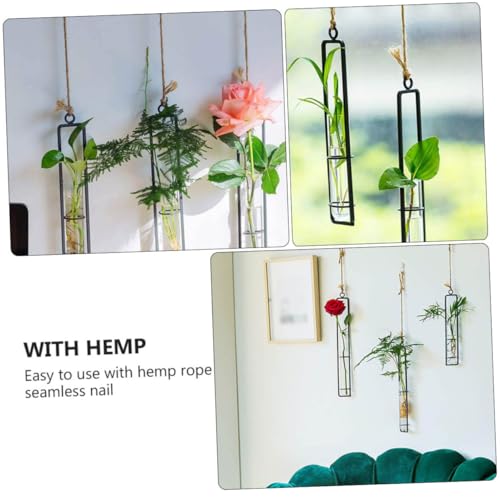 Hanging Glass Hydroponic Vase Set 3pcs with Test Tubes and Iron Frames, Wall-Mounted Plant Propagation Station for Home Décor and Garden Display, Includes 3 Hemp Ropes and 3