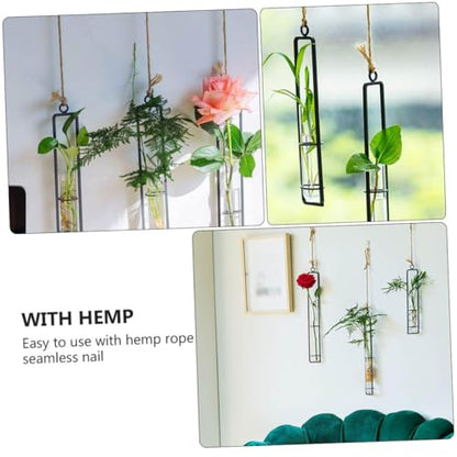 Hanging Glass Hydroponic Vase Set 3pcs with Test Tubes and Iron Frames, Wall-Mounted Plant Propagation Station for Home Décor and Garden Display, Includes 3 Hemp Ropes and 3