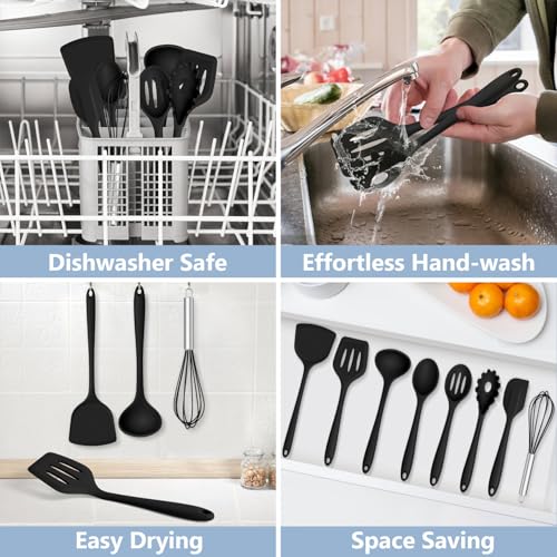 TeamFar Silicone Cooking Utensils Set, 8 PCS Kitchen Utensils Set, Black | 446°F Heat Resistant Turner, Spatula, Spoon, Whisk, Kitchen Cooking Gadgets Tools, for Nonstick Cookware, Dishwasher Safe - color: Black
