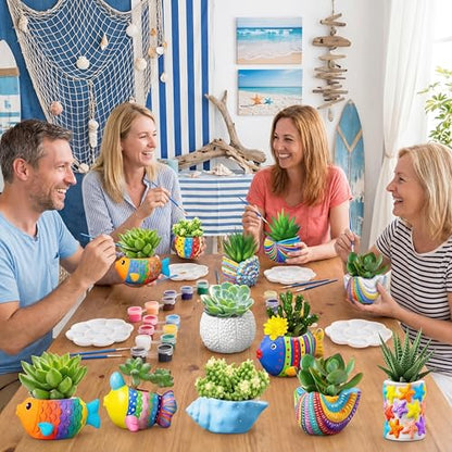 Hushee 12 Sets Ceramic Succulent Planters Paintable Succulent Plant Pots Small DIY Figurines Unpainted Pots with Drainage Hole Color Paints Paintbrushes Palettes - color: Sea Animals