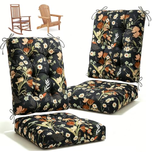 Outdoor Waterproof Rocking Chair Cushions Set of 2, Premium Oxford Patio Chair Cushions Backed Bottom Thick Cotton Rocking Chair Pads 2pcs Set of Upper and Lower with Ties, Black Peony - color: 1#, size: 2 Pack