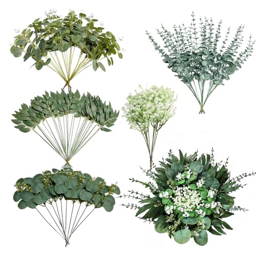 110 Pcs Mixed Artificial Eucalyptus Stems with Baby's Breath, 5 Kinds Faux Greenery Stems Bulk for Wedding DIY Bouquets, Realistic Silk Silver Dollar Eucalyptus Leaves for Vase, Home & Party Decor - color: Color 1