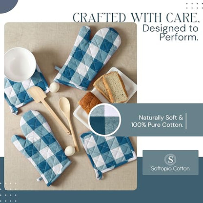 Oven Mitt & Pot Holder Buffalo Plaid Check 100% Cotton Heat Resistant Oven Gloves (7"x13") & Hot Pads (8"x8") Combo for Baking, Cooking - Teal - color: Teal Green, Buffalo Plaid