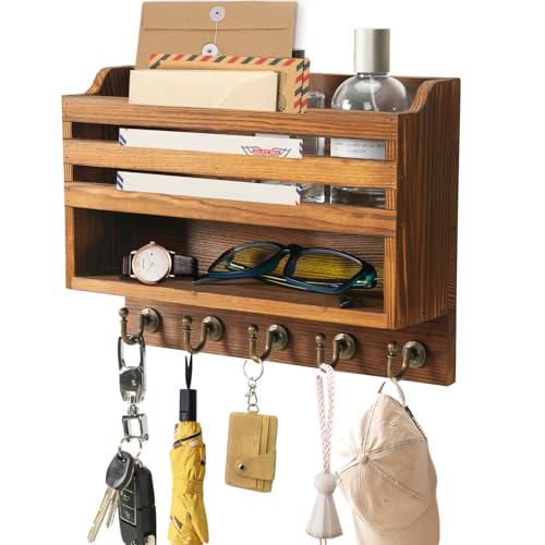 Key Holder Wall Mount with Mail Organizer, 5 Key Hooks, Brown | Wood Mail Organizer Wall Mounted with 5 Key Hooks & Storage Box and Mail Organizer for Entryway, Apartment, Home and Office - color: Brown