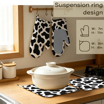 Cow Print Oven Mitts and Pot Holders Set of 4, Heat Resistant Non Slip Kitchen Gloves Hot Pads, Chef Cooking Baking Gifts for Women Bakers, Kitchen Gifts for Cooking Lover Cooks Mom - color: Cow Print