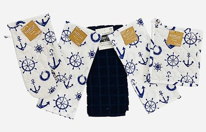 Summer Kitchen Pot Holder Oven Mitt Dish Towel Set: Fun Navy White Nautical Anchor Captains Wheel Design, 5 pc Set (Nautical) - color: Anchor Set