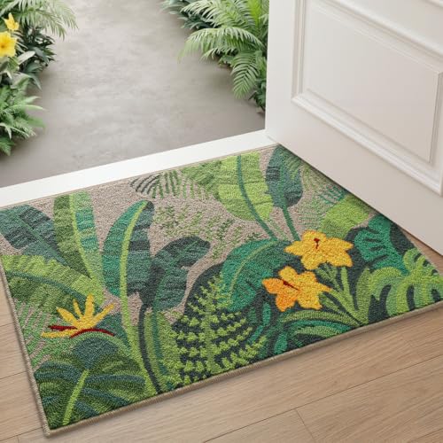 DEXI Front Door Entryway Mat 24x36, Non Slip Entry Doormat, Green Palm Leaf | Washable Low Profile Inside Entrance Rugs, Hand Hooked Loop Pile Welcome Mats Dirt Trapper for House Floor, Garage, Patio - color: Palm Leaf, size: 24" X 36" (Rectangular)