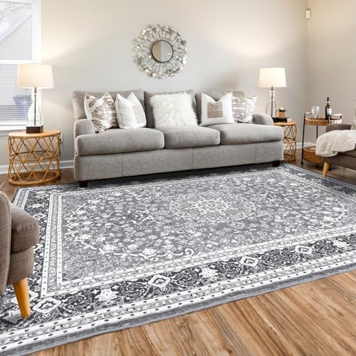 Washable Area Rug 5x7 for Living Room, Soft Bedroom Rugs Grey White | Faux-Wool Carpets for Kitchen Dining Room Nursery Home Office, Boho Vintage Floral Non-Slip Low Pile Rug, Fit All Vacuums - color: Grey White, size: 5' x 7' (Rectangular)