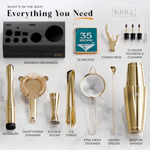 BARE BARREL® Mixology Bartender Kit Bar Set | 14-Piece Cocktail Shaker Set | Martini Barware Mixing Tools for Home Bartending | Incl. 35 Recipe Cards | Gift Set (28oz Boston Shaker, Gold/Black) - color: Gold/Black