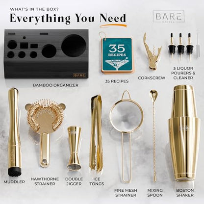 BARE BARREL® Mixology Bartender Kit Bar Set | 14-Piece Cocktail Shaker Set | Martini Barware Mixing Tools for Home Bartending | Incl. 35 Recipe Cards | Gift Set (28oz Boston Shaker, Gold/Black) - color: Gold/Black