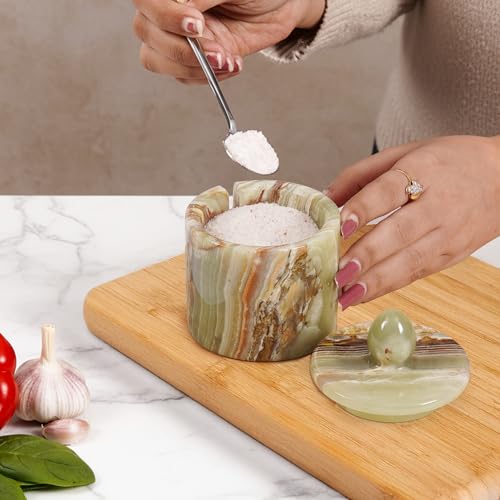 Marble Salt Cellar with Lid 4" Inch Green Handmade Table Salt Container & Sugar Bowl For Kitchen Countertop, Ideal Salt Dish & Salt Jar for Celtic Salts - color: Green onyx