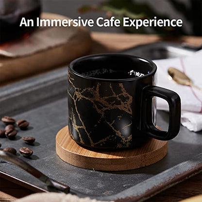 LUKA Porcelain Espresso Cup with Saucer and Metal Stand, 4 Ounce Stackable Ceramic Demitasse Espresso Mugs Cups Set for Latte,Coffee,Cafe Mocha,Tea(Set of 4) - color: Black Marbling
