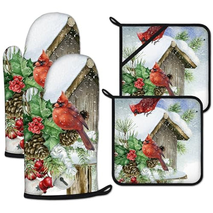 Christmas Cardinal Bird Winter Oven Mitts and Pot Holders Set 4 Pcs Extra Long Heat Resistant Gloves Potholder for Baking, BBQ, Grilling - color: Christmas Cardinal