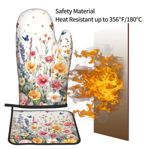 Giwawa Spring Flower Oven Mitts and Pot Holder Kitchen Accessories Sets Botanical Floral Heat Resistant BBQ Cooking Oven Gloves Washable Hot Pads - color: Botanical Floral