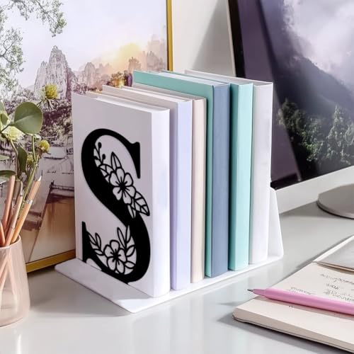 5.3"x4.3"x7.1" Metal Bookends, Heavy Duty Book Ends for Shelves | Letter S with Flower Theme Cast Iron Book Supports, 1 Pair Decor Stoppers for Desk, Library, Office & Home Shelves - style: Letter S with Flower