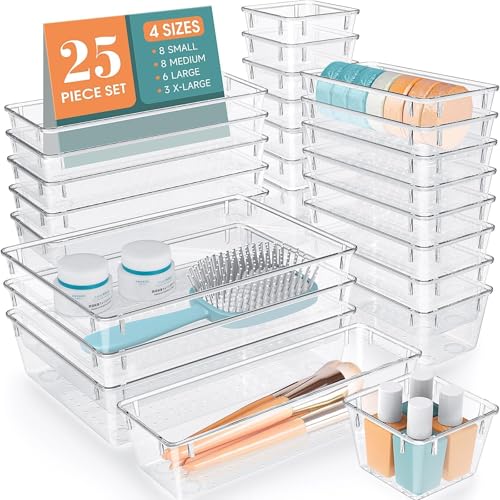 25 PCS Drawer Organizer Set, 5 Size Bathroom and kitchen organizer Trays | Bathroom and kitchen Drawer cabinet organizer Trays, Clear Storage Bins for Makeup, Jewelry, Utensils and Gadgets - color: Clear, size: 25 PCS