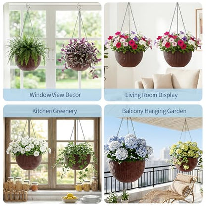 13.8 Inch Self Watering Hanging Planter, 2PCS Round Resin Hanging Basket for Indoor Outdoor Plants, Rattan Look Flower Pot with Drainage Plug, Deep Inner Pot and Sturdy Metal Triple-Chain Hanger - color: Coffee Brown