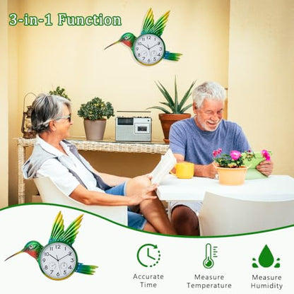 Large Outdoor Clock with Thermometer & Humidity | Silent Non-Ticking, Hummingbird Outdoor Wall Clock for Patio, Garden, Kitchen, Living Room, Green - style: Hummingbird-Green
