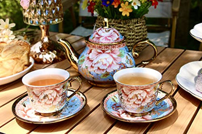 20 Pieces Porcelain Tea Set With Metal Holder, European Ceramic tea set for adults,Flower Tea Set,Tea Set For Women With Flower Painting(Large version, Light Blue)) - color: Light Blue