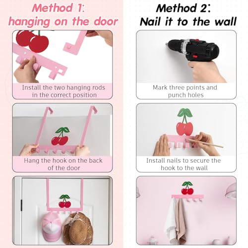 Reallnaive Cherry Over The Door Hooks Pink Cute Bathroom Decor Hanger Wall Mount Rack Holder for Towel, Hat, Coat, Cloth, Keychain, Bag, Home Organizer - style: Pink Cherry