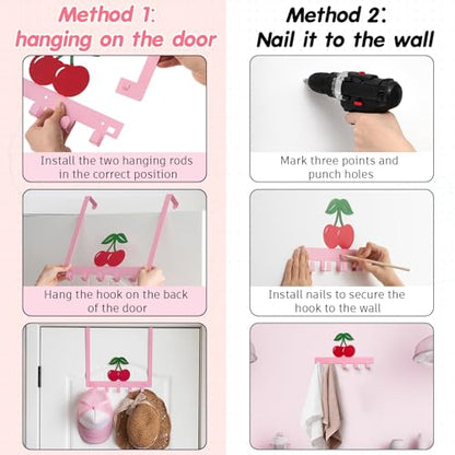 Reallnaive Cherry Over The Door Hooks Pink Cute Bathroom Decor Hanger Wall Mount Rack Holder for Towel, Hat, Coat, Cloth, Keychain, Bag, Home Organizer - style: Pink Cherry