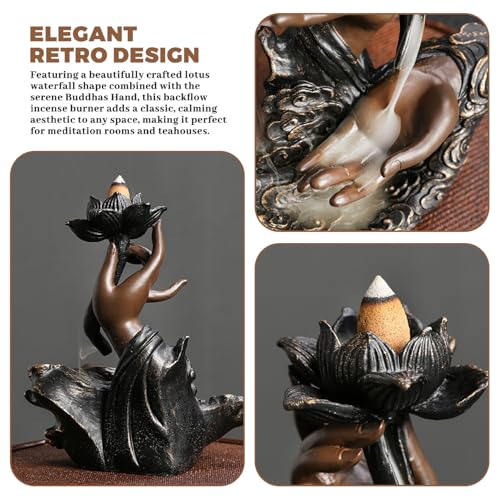 Backflow Incense Burner 7.1x3x6.4 Retro Lotus Waterfall Incense Holder with Buddhas Hand, Decorative Resin Burner for Teahouse, Meditation | Backflow