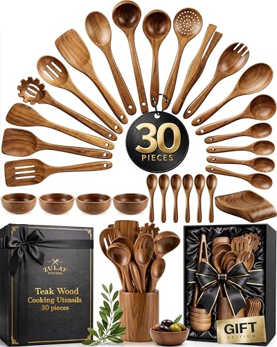 Zulay Kitchen 30-Piece Teak Wooden Utensils - Natural Teak Cooking Utensils with Premium Gift Box - Non-Stick Wooden Spoons - Kitchen Gift Set - Comfortable Grip - size: 30 Piece | Gift Box