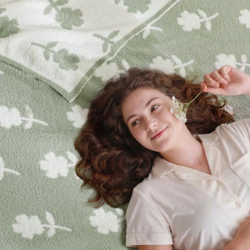 Snuggle Sac Twin Size Bedding Blanket, Sage Green Flower Throw Blanket for Couch, Microfiber Fluffy Warm Cozy Fuzzy Soft Reversible Blankets, Sage Green, 60x80 inches - color: Flower Green, size: Twin(60"x 80")
