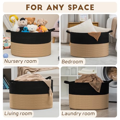 XXXLarge Woven Cotton Rope Basket (21.7" x 13.8") – Blanket Basket for Living Room, Laundry Hamper, Baby Laundry Hamper, Toy Storage, Pillows & Cushions Organizer (Black&Brown) - color: Black&Brown