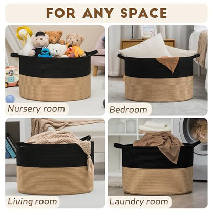 XXXLarge Woven Cotton Rope Basket (21.7" x 13.8") – Blanket Basket for Living Room, Laundry Hamper, Baby Laundry Hamper, Toy Storage, Pillows & Cushions Organizer (Black&Brown) - color: Black&Brown