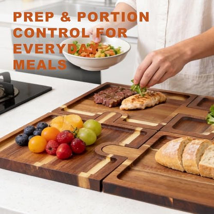 Wooden Charcuterie Boards Set of 4, Puzzle Serving Trays with Stand | Made from acacia wood,4-piece interlocking design,portable,18 inch ideal for charcuterie,snacks,appetizers,party & gatherings - size: 11.8" x 9" x 1"