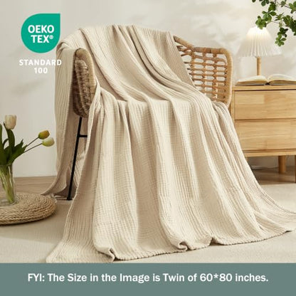EMME Muslin Throw Blanket with Tassels, 100% Cotton Gauze, Beige, 50"x60"