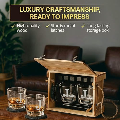 Custom Monogram Since Year Whiskey Glass Set, 2 Glasses, Wood Crate | Name Design, 6 Granite Stones, Tongs Included, 2 Slate Coasters, Rustic Wood Design, Scotch Bourbon Lover Gift