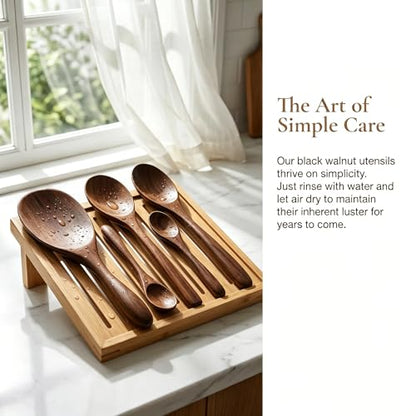 5 Pcs Black Walnut Wooden Spoons Set, Natural Wood Cooking Spoon Non Toxic Kitchen Utensils for Mixing Salad, Stirring Coffee, Eating Dessert and Soup, Serving Cookware Walnut Kitchen Accessories