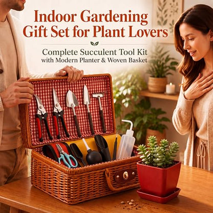Repotting Mat and Planting Tools, Indoor Plants, Wicker Basket | All-in-one succulent repotting set, pruning shears, snap-corner mat, wicker storage, indoor gardening gift set