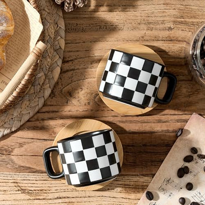 LUKA Porcelain Stackable Black and White Checkered Espresso Cups with Saucers and Metal Stand, 4 Ounce Small Ceramic Demitasse Cups Set for Coffee Drinks, Latte, Tea - Set of 4, Black Interior - color: 4BKG-Black & White