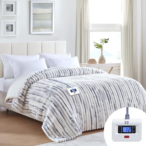 Sealy Electric Blanket Twin 62×84, Faux Fur to Sherpa, Blue White | Heated Blanket with 10 Heating Levels, 1-12 Hours Auto Off, Overheat Protection, Machine Washable, ETC Certified - color: Blue White, size: Twin Size 62" x 84"