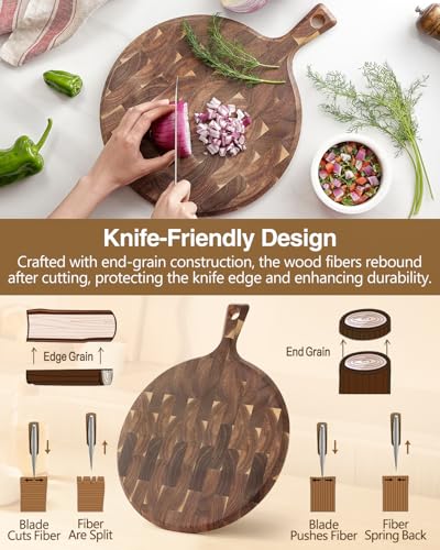 XINZUO Acacia Wood End-Grain Round Cutting Board with Handle for Kitchen Bread Pizza Cheese Fruit Charcuterie Serving Cutting Board, Two-sided Use, 16.7 x 12.5 x 0.75 inches - size: 16.7"L x 12.5"W