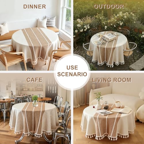 Laolitou Rustic Tablecloth Cotton Linen Waterproof Tablecloths Burlap Table Cloths for Kitchen Dining,Party,Holiday,Christmas,Buffet Coffee Lines, Round, 55", 2-4 Seats - color: Coffee Lines, size: 55" (Round)